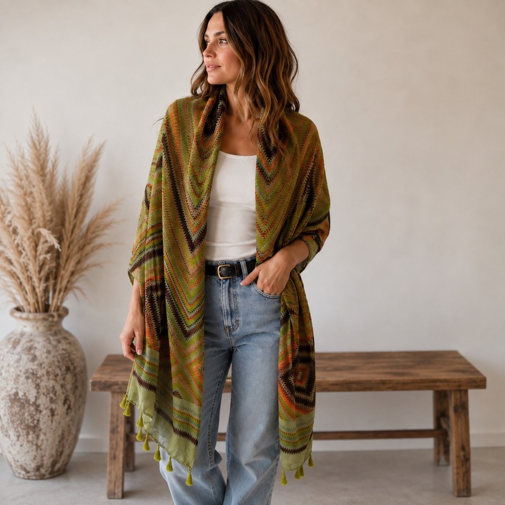 Oversized Boho Scarf Shawl Wrap Green Orange Geometric Chevron Tassel Fringe